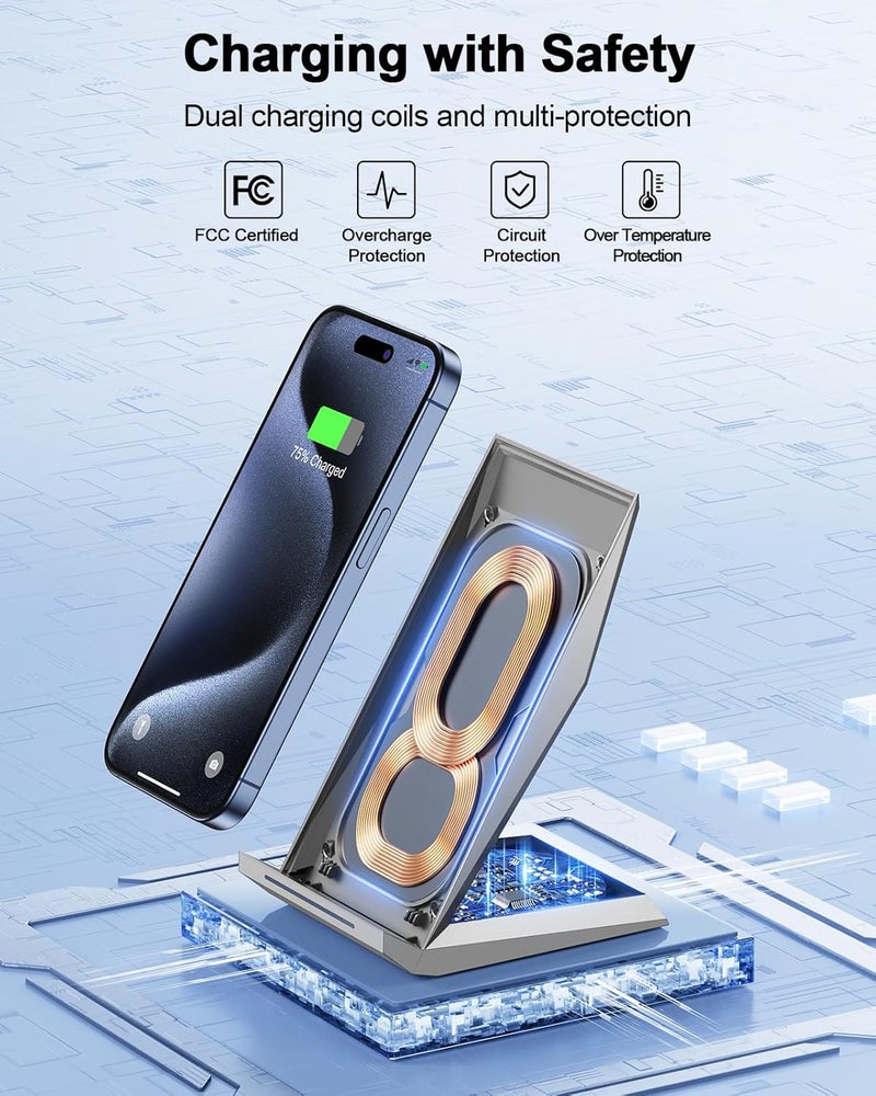 NANAMI  Fast Wireless Charger, Qi Certified Wireless Charging Stand Compatible iPhone 17/17 Air/16/16 Plus/15/14/13/12, Desktop Charger for Samsung Galaxy S25/S24/S23/S22/S21 and Qi-Enabled Phone - Image 3